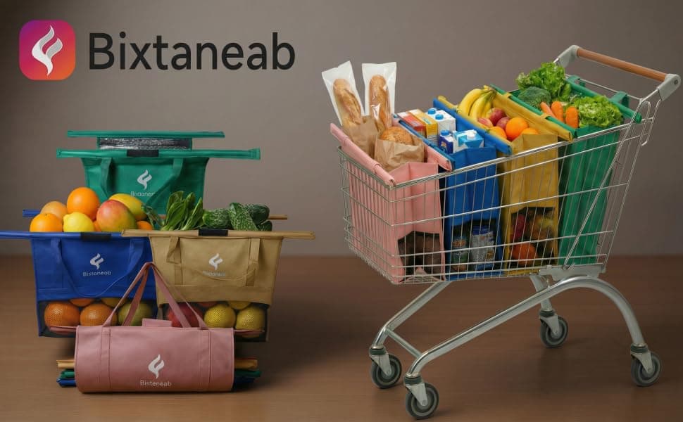 Bixtaneab 4-pack: 3 reusable bags + 1 insulated cooler bag, fully loaded in a shopping cart