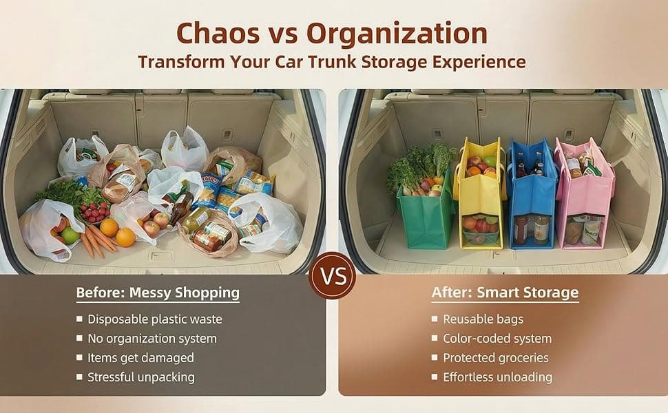 Comparison: messy plastic bags vs. organized Bixtaneab cart bags in a car trunk