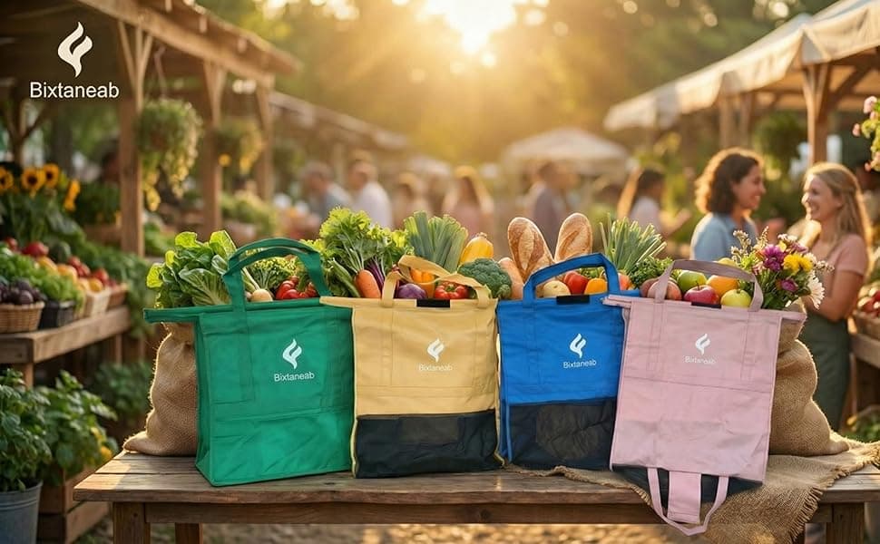 Bixtaneab 4-pack reusable cart bags filled with fresh groceries at a farmers market